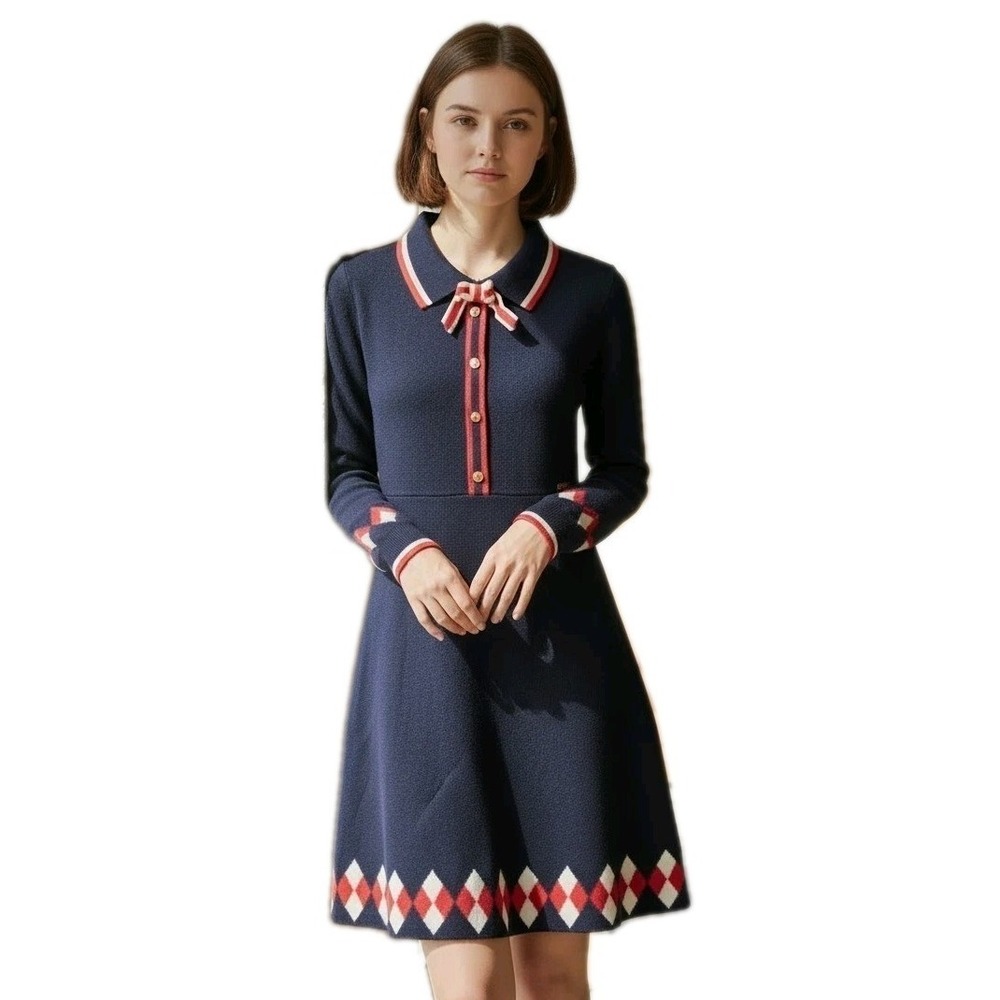 Preppy Girls Navy Blue Long Sleeve Knit Sweater Dress Argyle Bow Collar SZ L